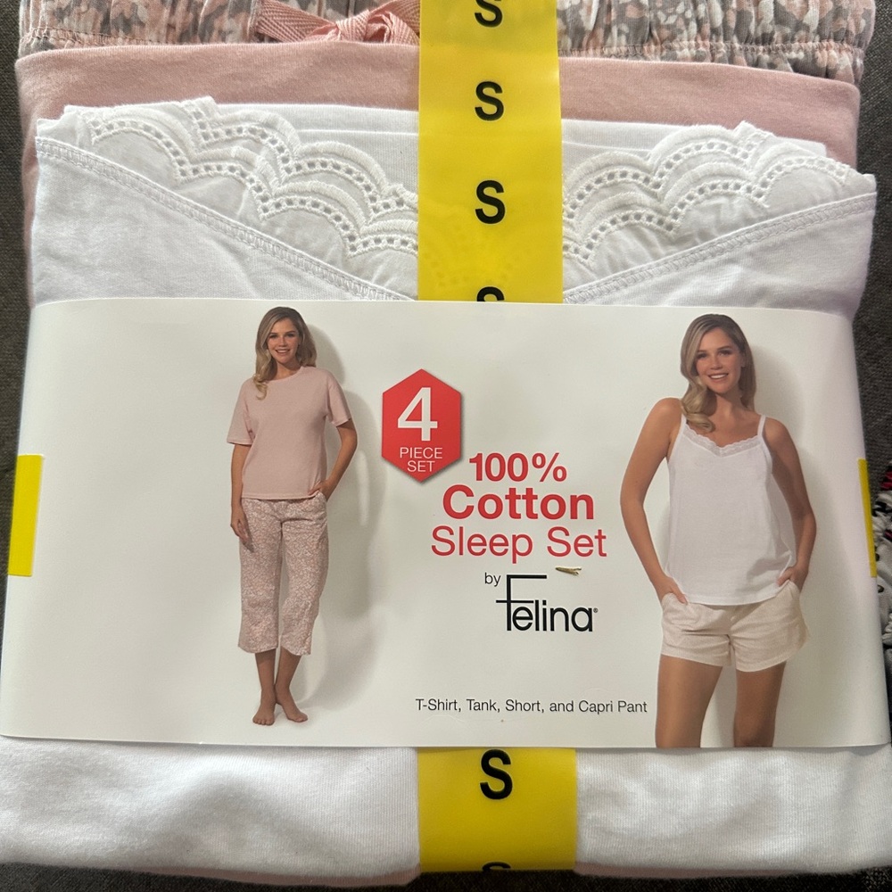 Felina Women's 4 Piece 100% Cotton Sleep Pajama Set, Tee Tank Short Capri Pant